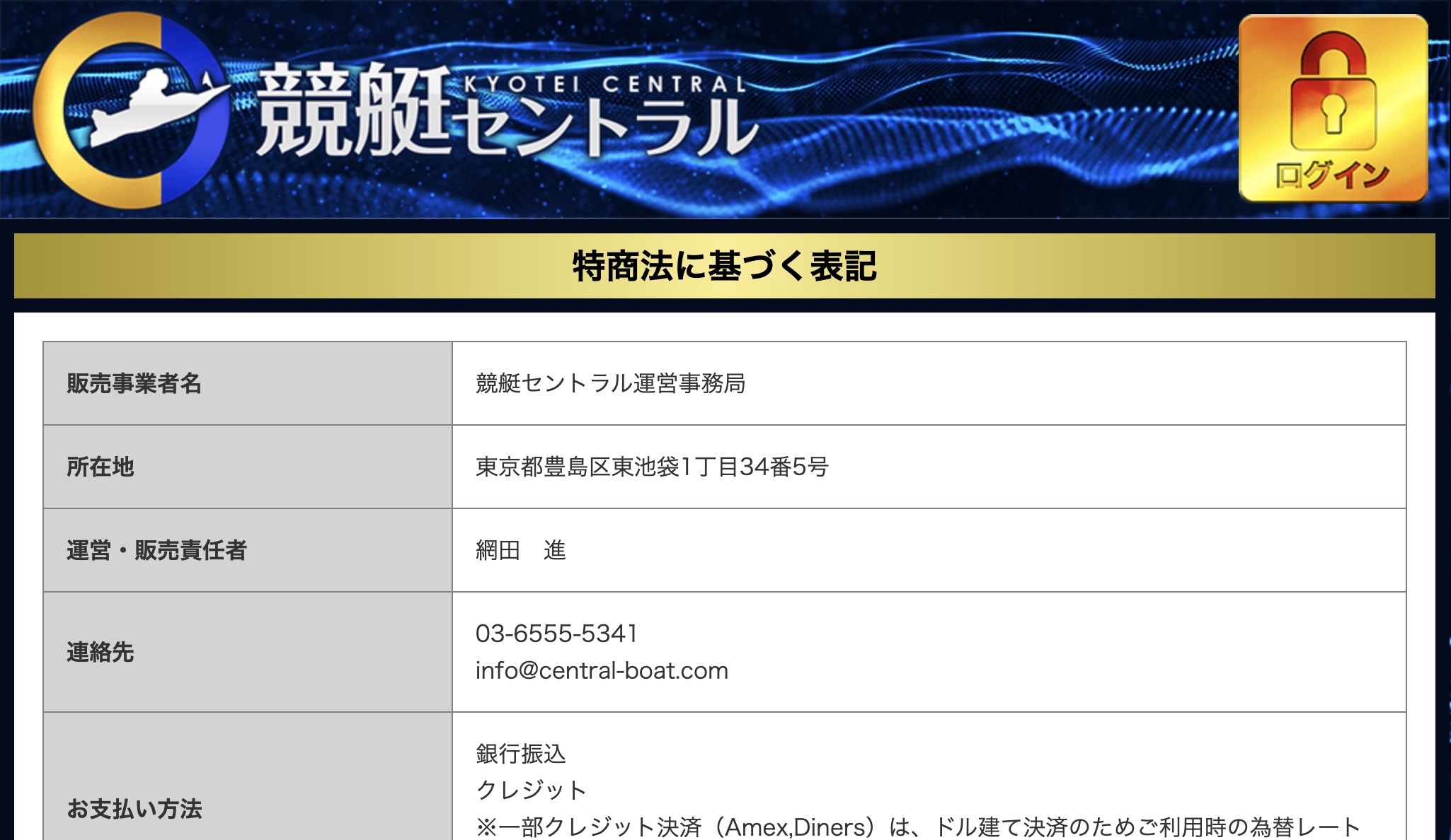 競艇セントラル 特商法ページ（LP）